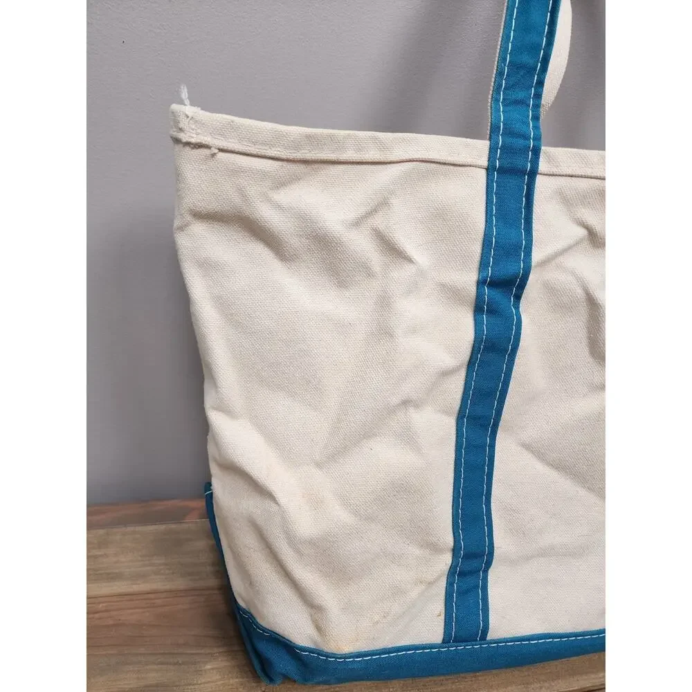VTG 90s Large LL Bean Boat & Tote Teal Canvas Bag Distressed Stained